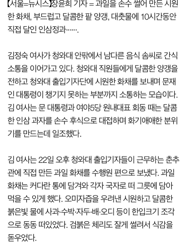 오늘 청와대 출입기자들과 직원들에게 과일화채 만들어준 김정숙 여사.jpg | 인스티즈