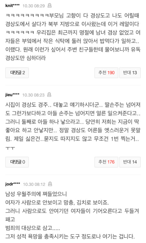 경북출신 男과 결혼하면 하루 65분 집안일 더 한단 기사의 댓글 | 인스티즈